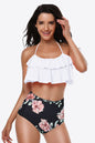 Two-Tone Ruffled Halter Neck Two-Piece Swimsuit