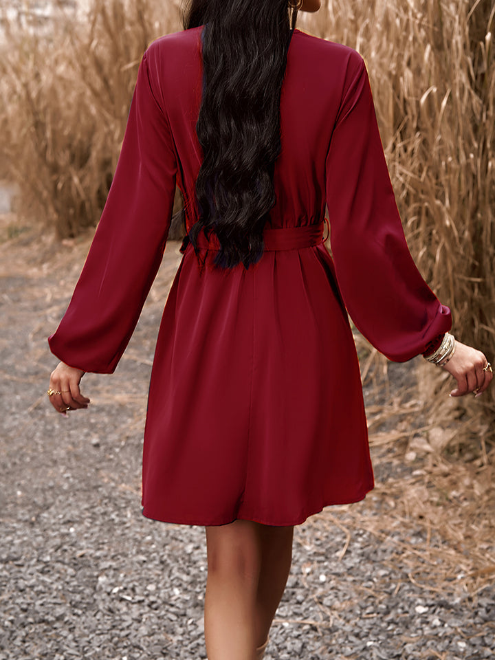 Long Sleeve Tie Waist V-Neck Mini Dress