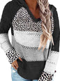 Full Size Openwork Leopard Drawstring Hooded Sweater