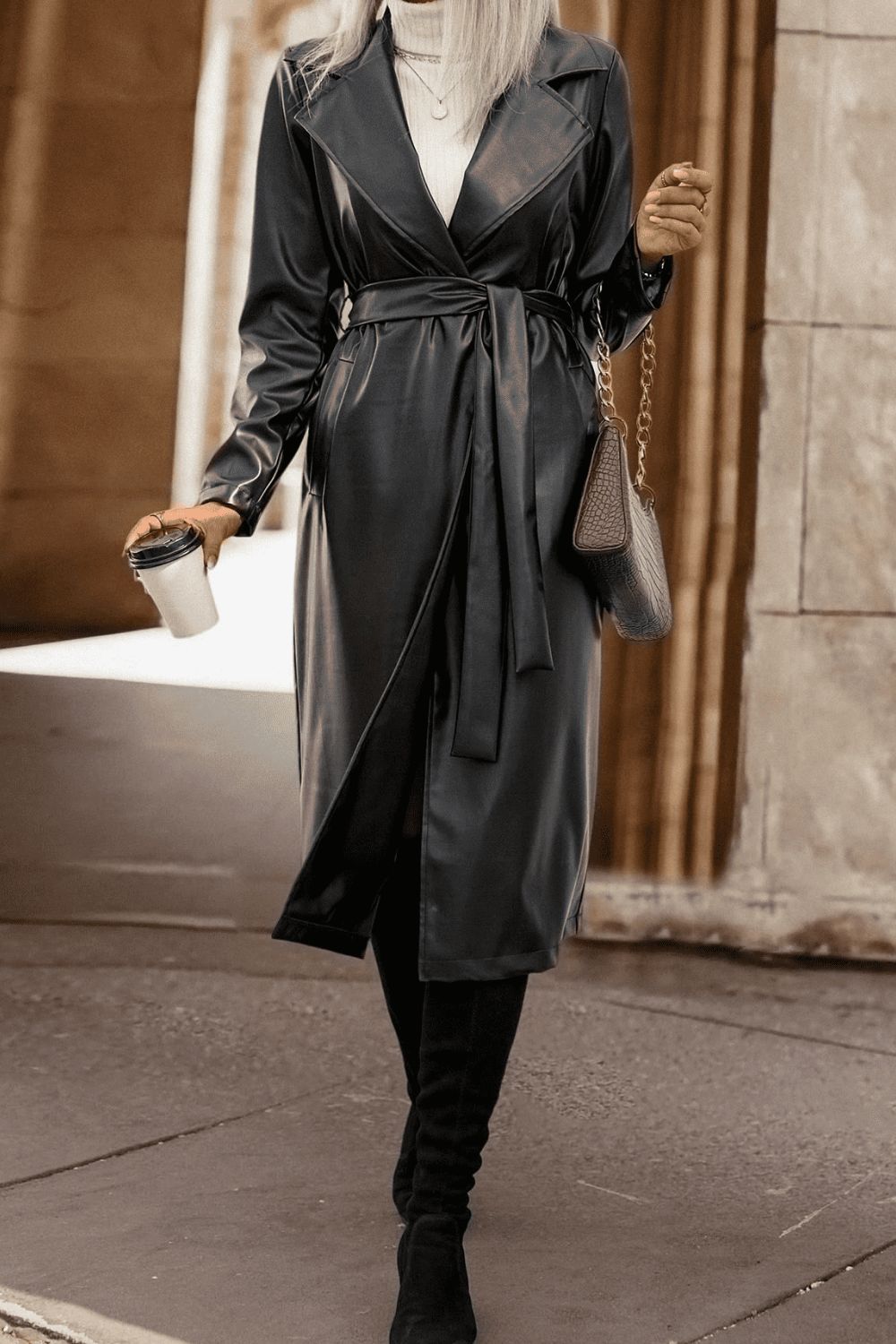 Lapel Collar Tie Waist Long Sleeve Trench Coat