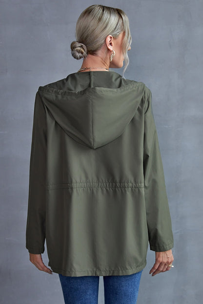 Drawstring Zip Up Hooded Trench Coat