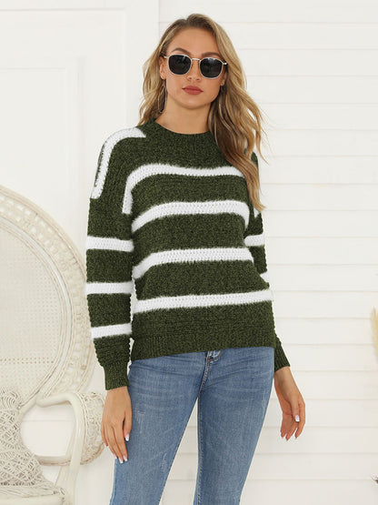 Shiny Striped Round Neck Long Sleeve Sweater
