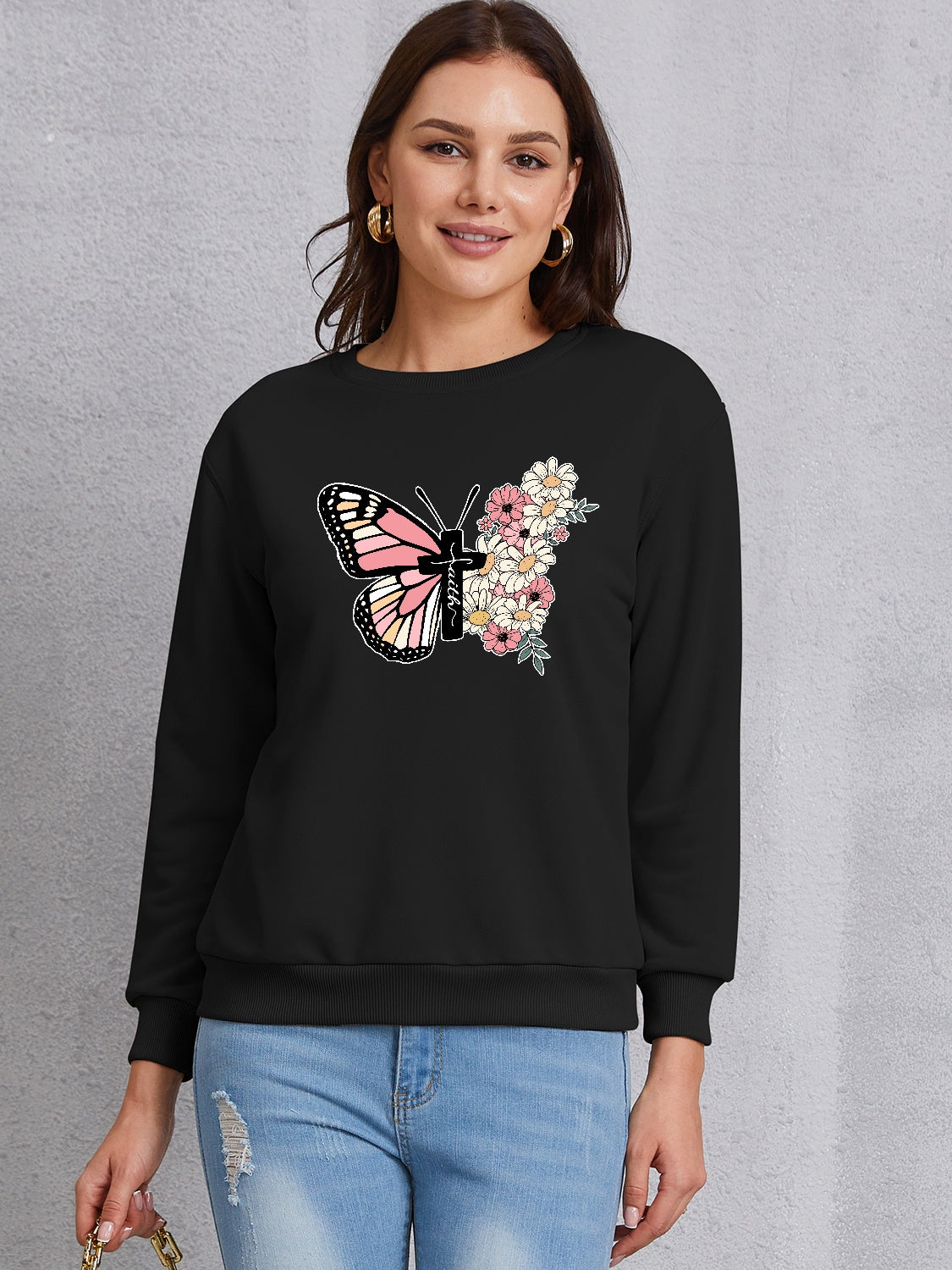 Butterfly Round Neck Dropped Shoulder Sweatshirt