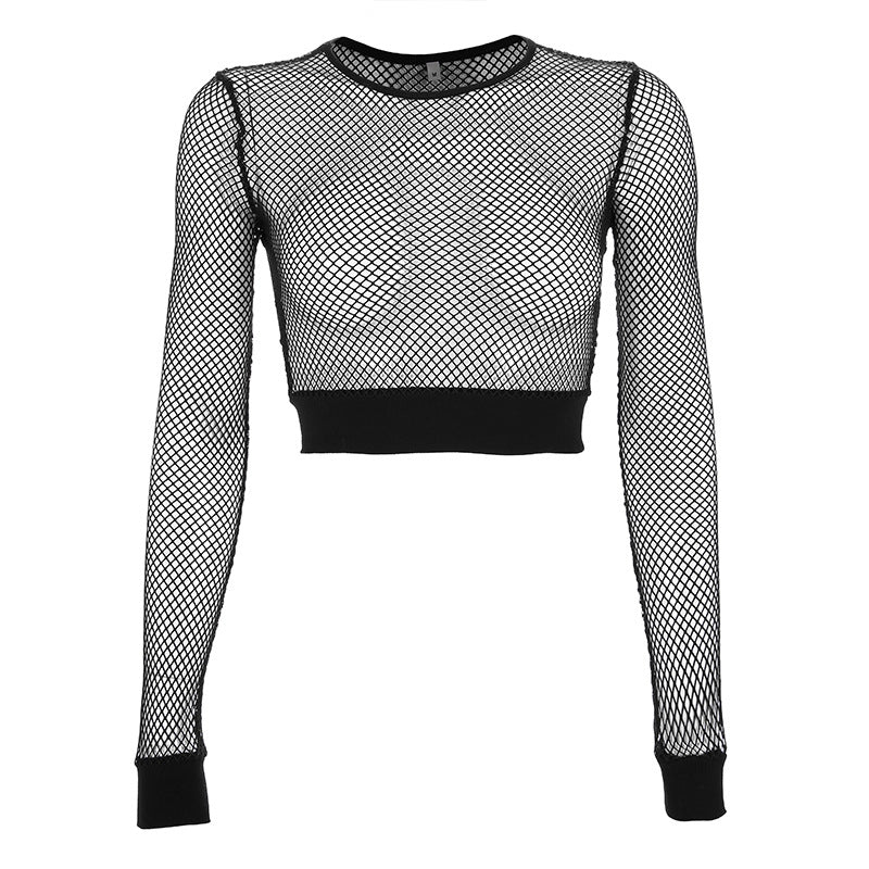 Women Clothing Sexy Grid See through Women Tops Long Sleeve Tight T shirt Ladies