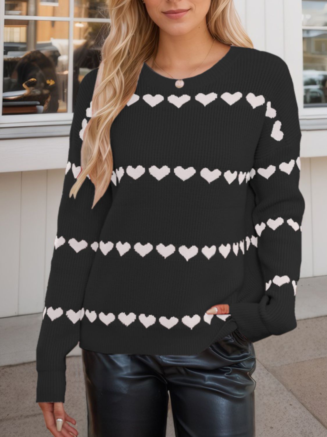 Heart Round Neck Long Sleeve Sweater