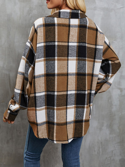 Plaid Button Up Dropped Shoulder Outerwear