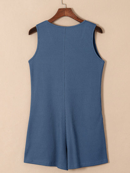 Waffle-Knit Half Button Sleeveless Romper with Pockets