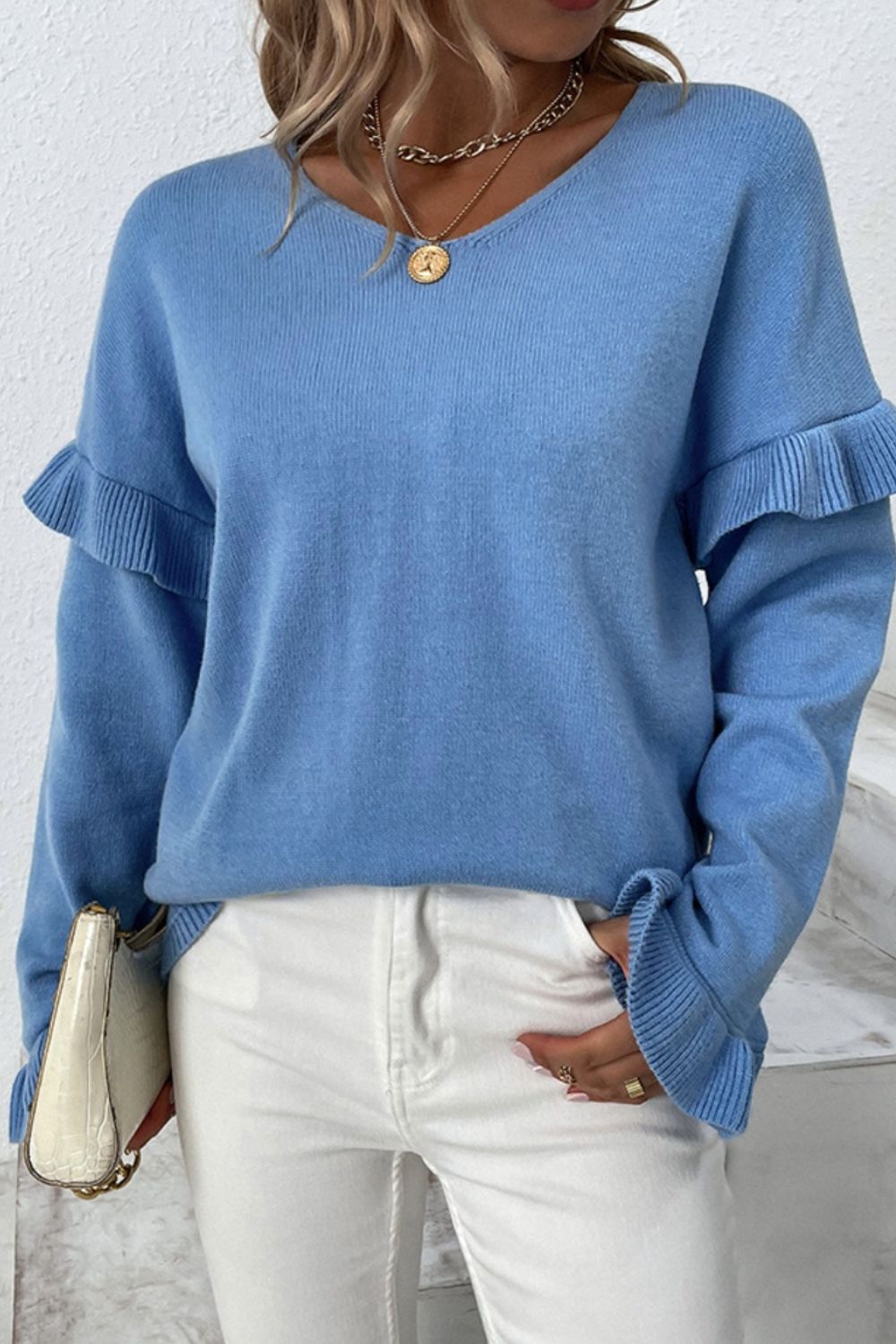 V-Neck Ruffle Trim Long Sleeve Sweater