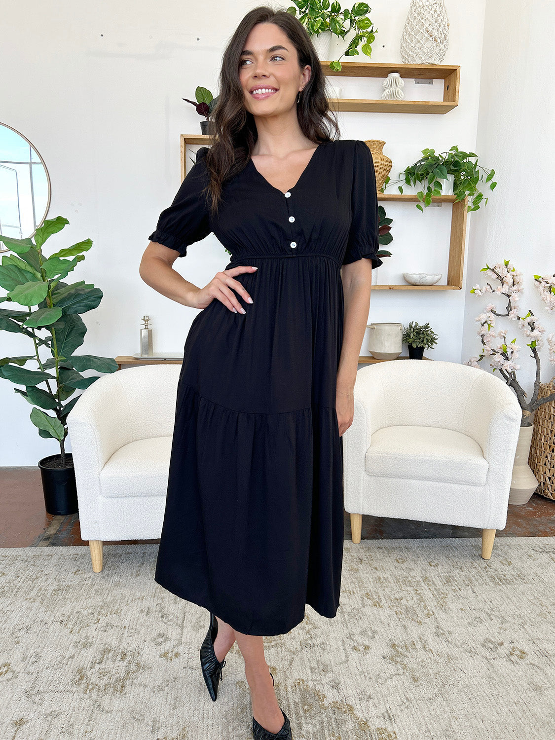 Perfee Ruched V-Neck Half Sleeve Midi Dress