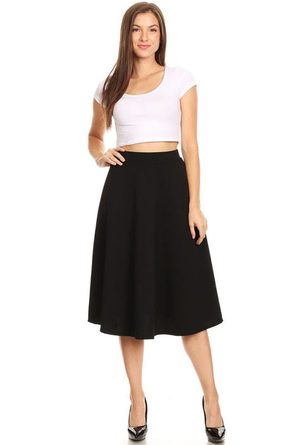 Solid high waisted, A-line, midi skirt