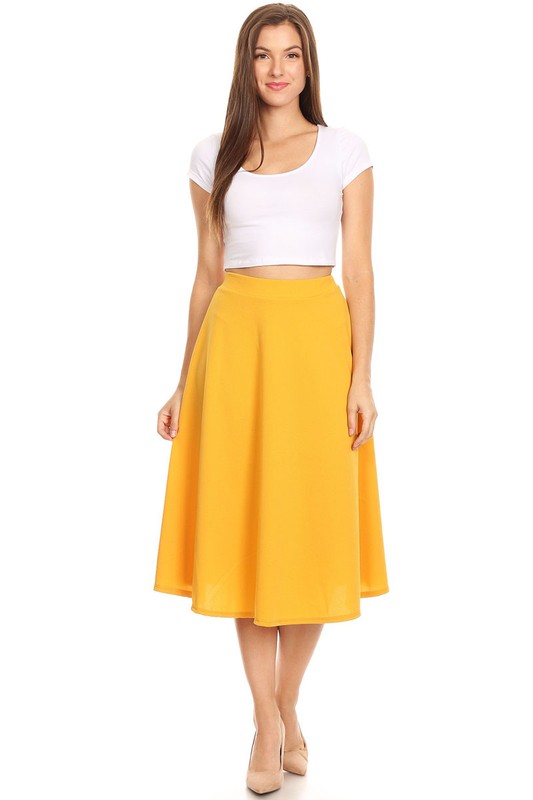 Solid high waisted, A-line, midi skirt