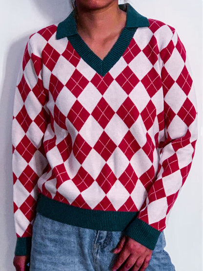 Geometric Johnny Collar Long Sleeve Sweater