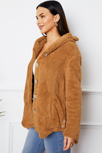 Fuzzy Button Up Hooded Outerwear