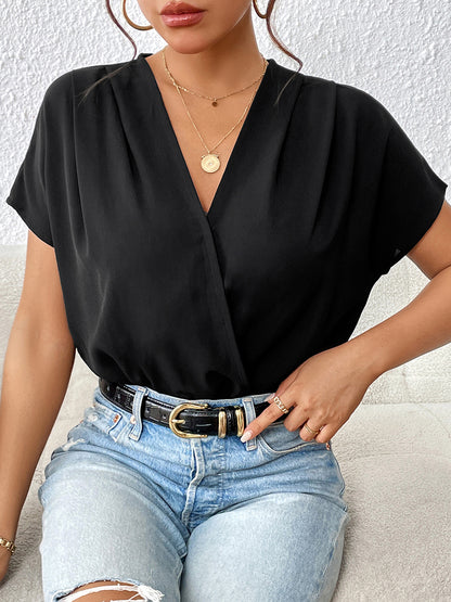 Surplice Short Sleeve Ruched Bodysuit