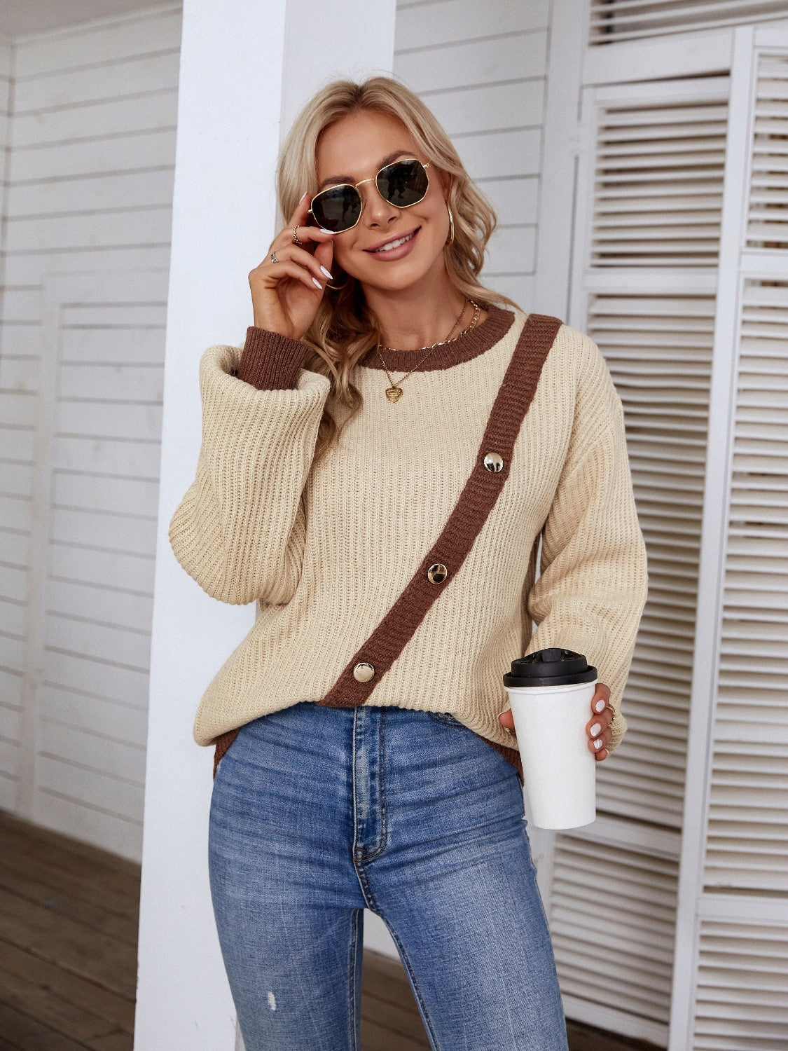 Decorative Button Round Neck Sweater