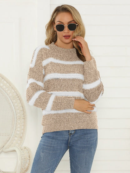 Shiny Striped Round Neck Long Sleeve Sweater