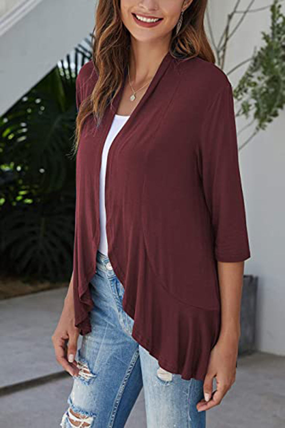 Open Front Three-Quarter Sleeve Cardigan