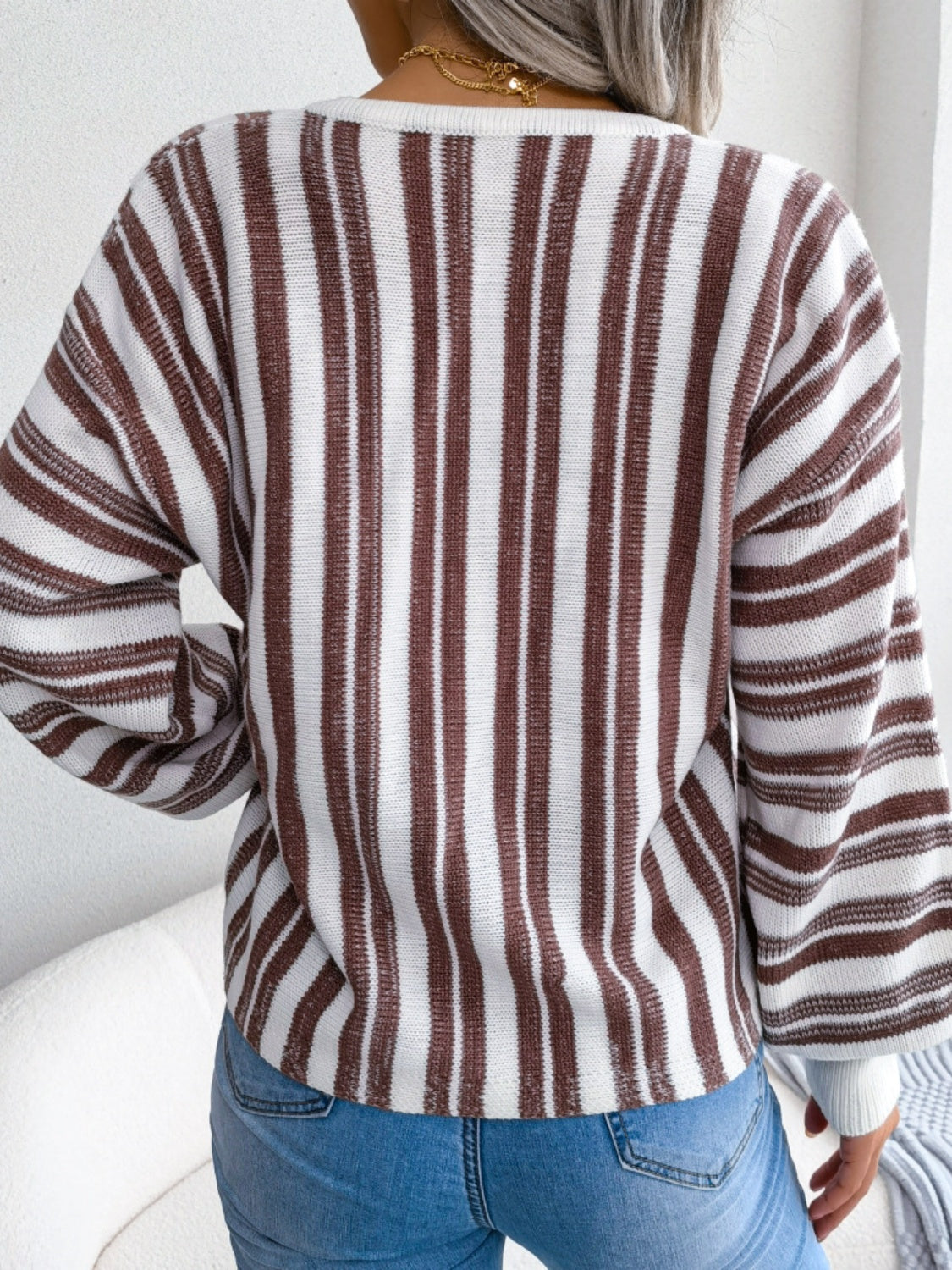 Striped Lace-Up Long Sleeve Sweater