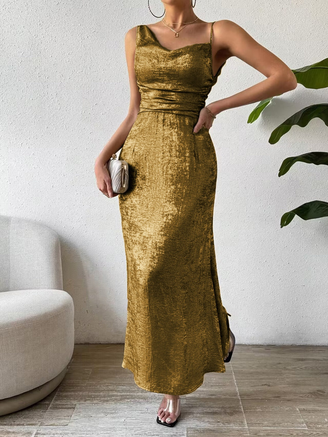 Asymmetric Neck Sleeveless Midi Dress