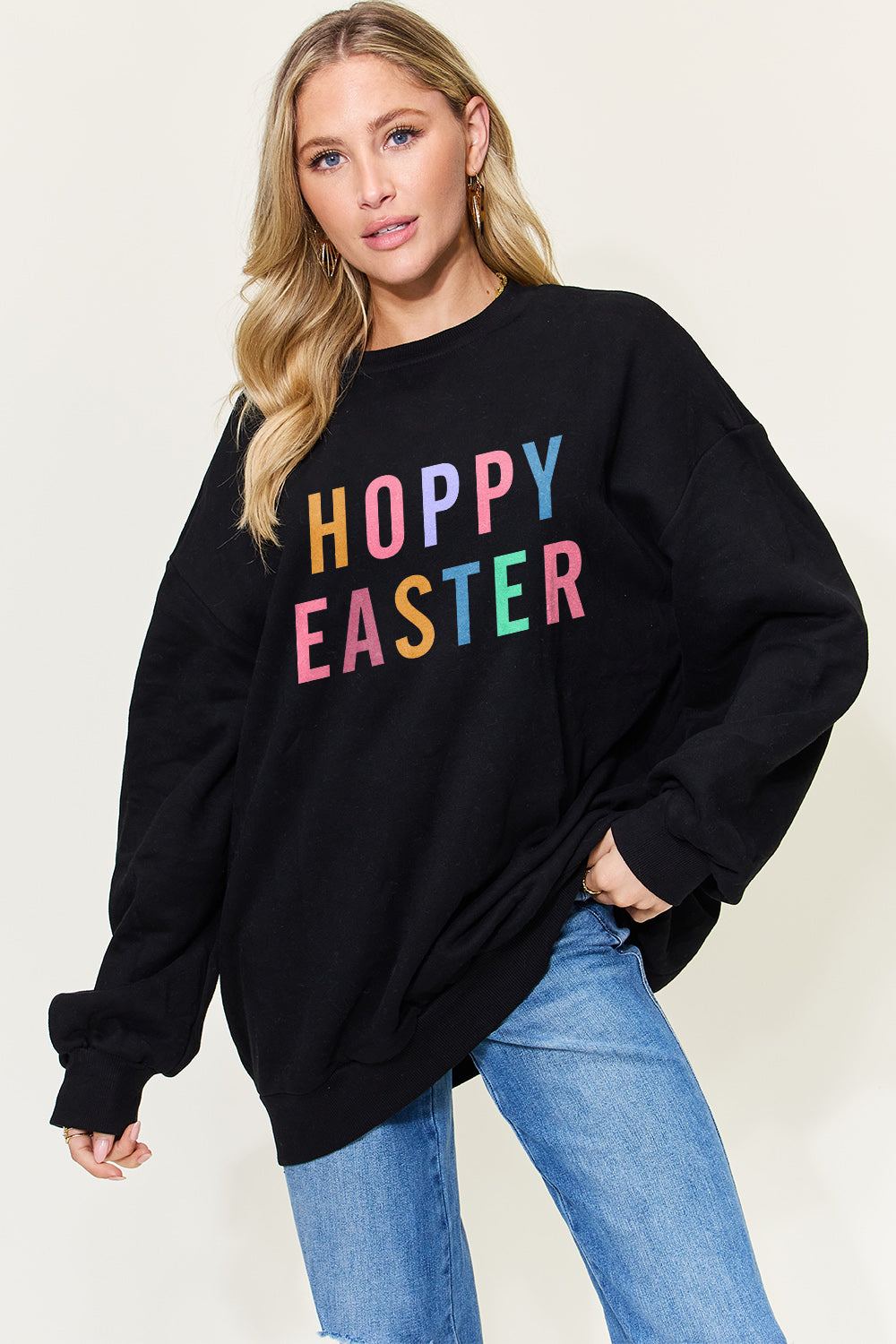 Simply Love Full Size  HOPPY EASTER Drop Shoulder Oversized Sweatshirt