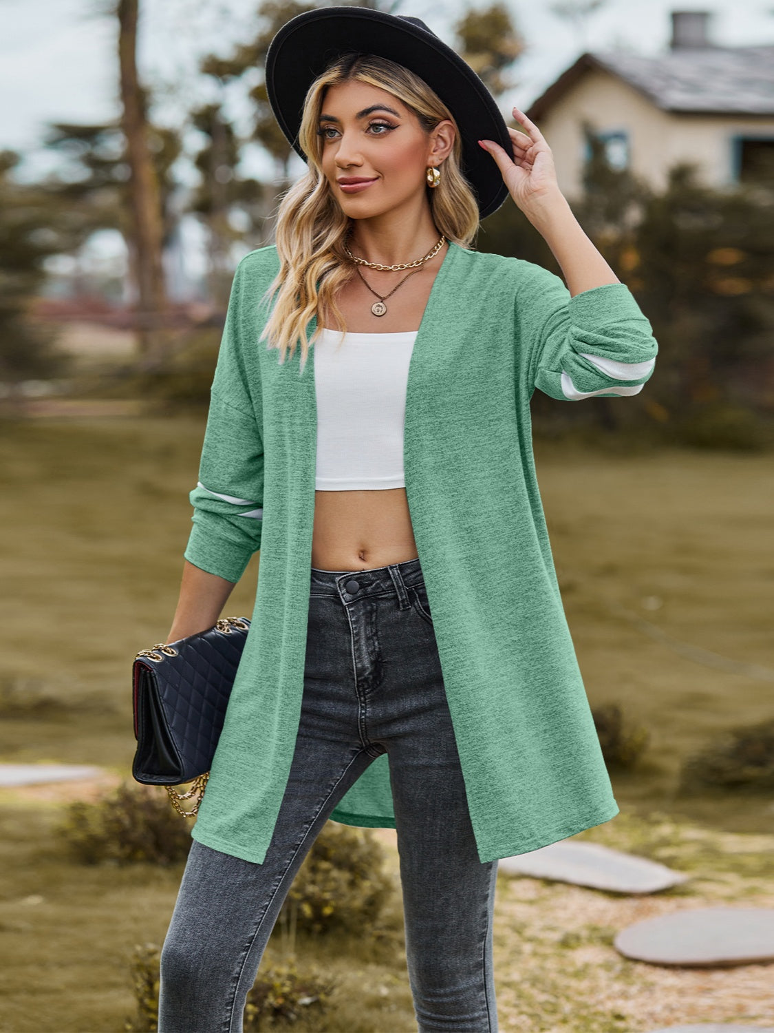 Striped Open Front Dropped Shoulder Cardigan