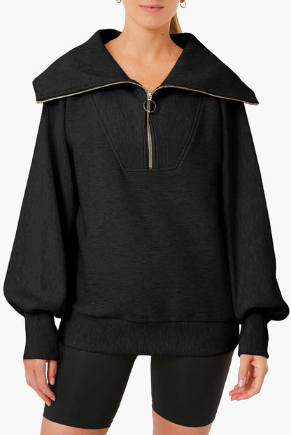 Pocketed Quarter Zip Collared Neck Sweatshirt