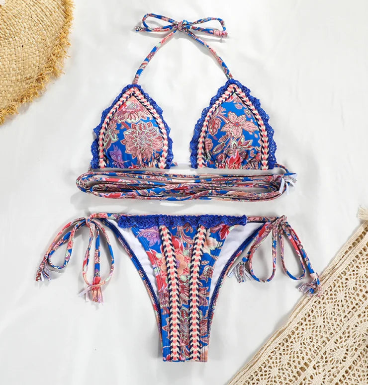 Print Basic Bikini With Pad Ties Details Crochet Trim Swimwear Scrunch Butt Swimsuit