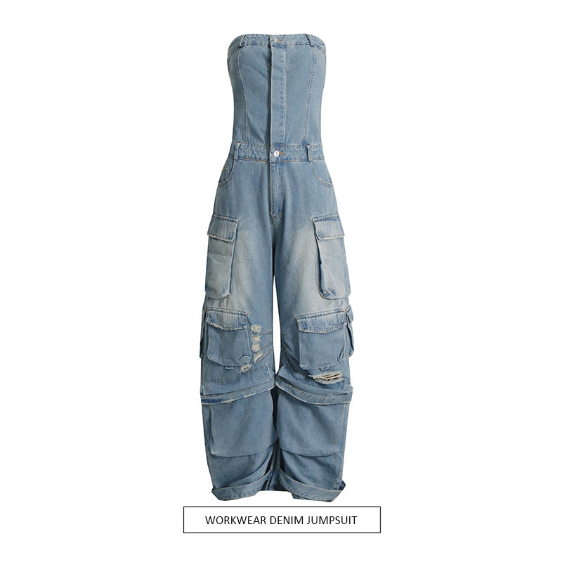 Summer Multi Pocket Ripped Waist Slimming Sexy Tube Top Tooling Denim Jumpsuit Women