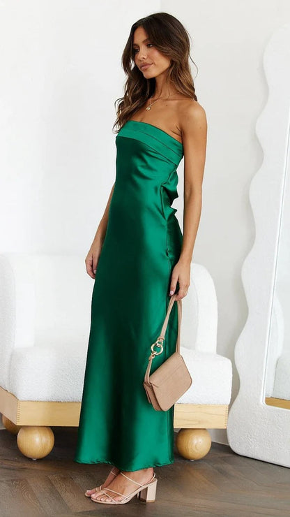 Spring Summer Elegant Socialite Satin Hollow Out Cutout Backless Tube Top Dress Length