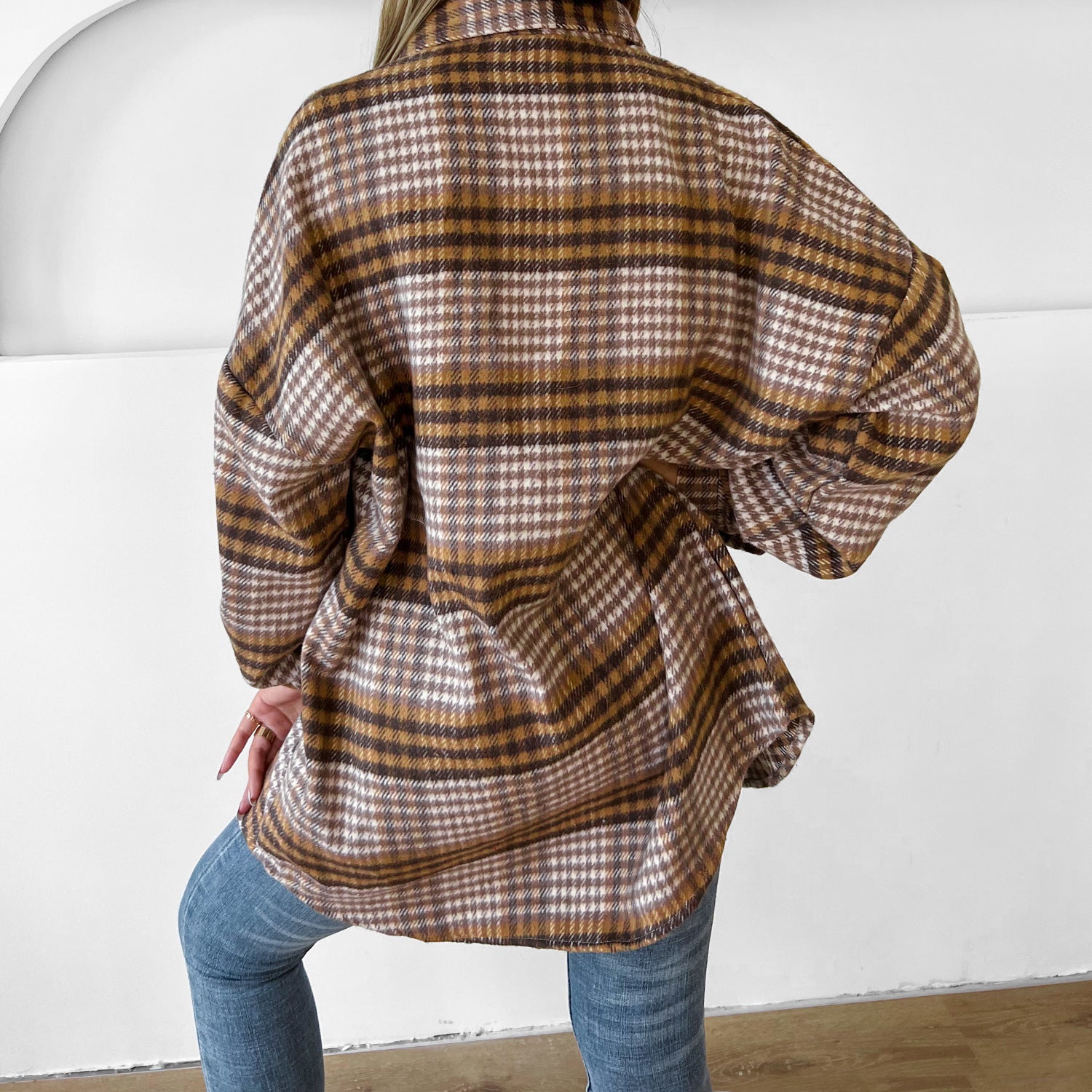 Women Clothing Plaid Shirt Collared Bat Sleeve Coat Dress