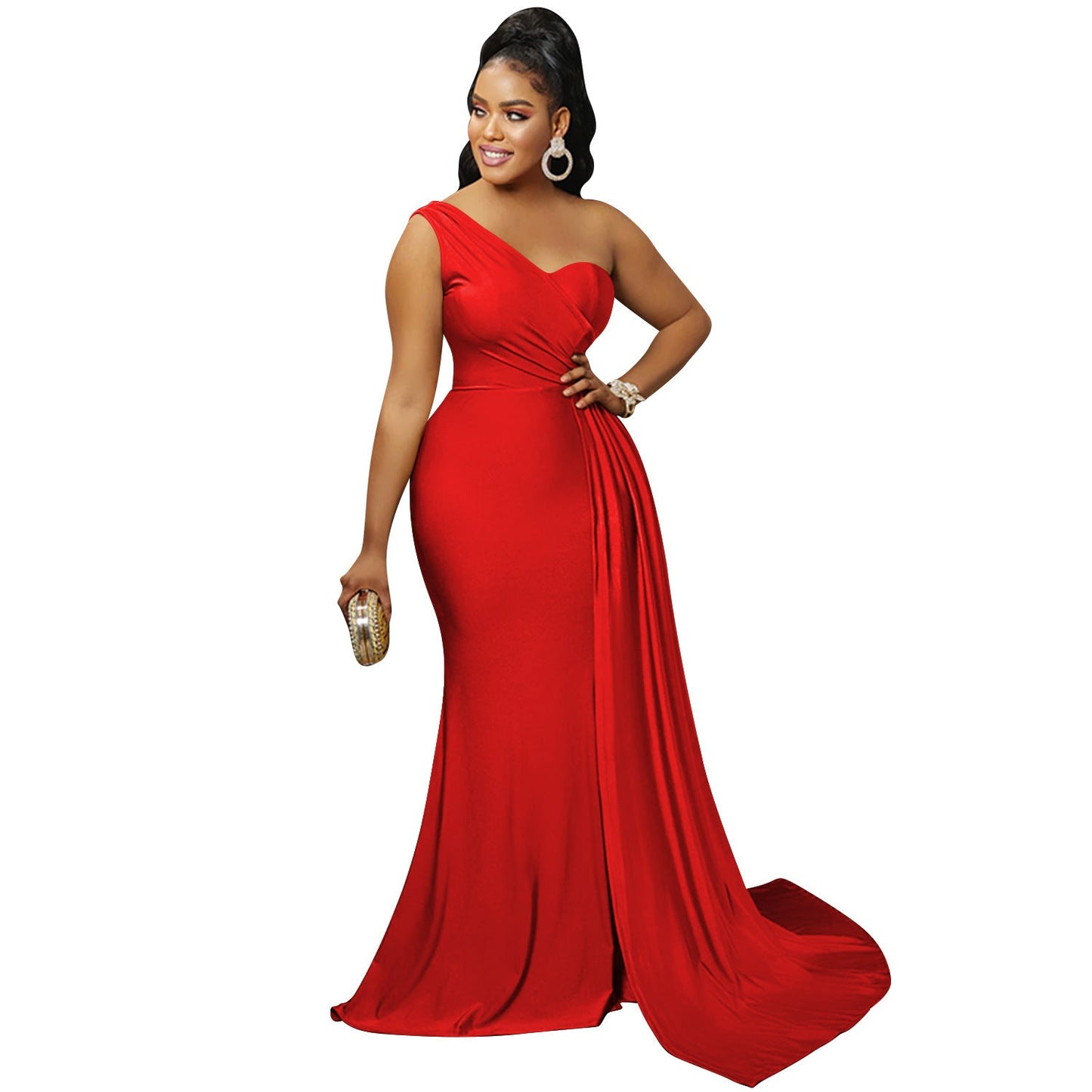 Solid Color Party Tight One Shoulder Sleeve Dress Maxi Dress Women