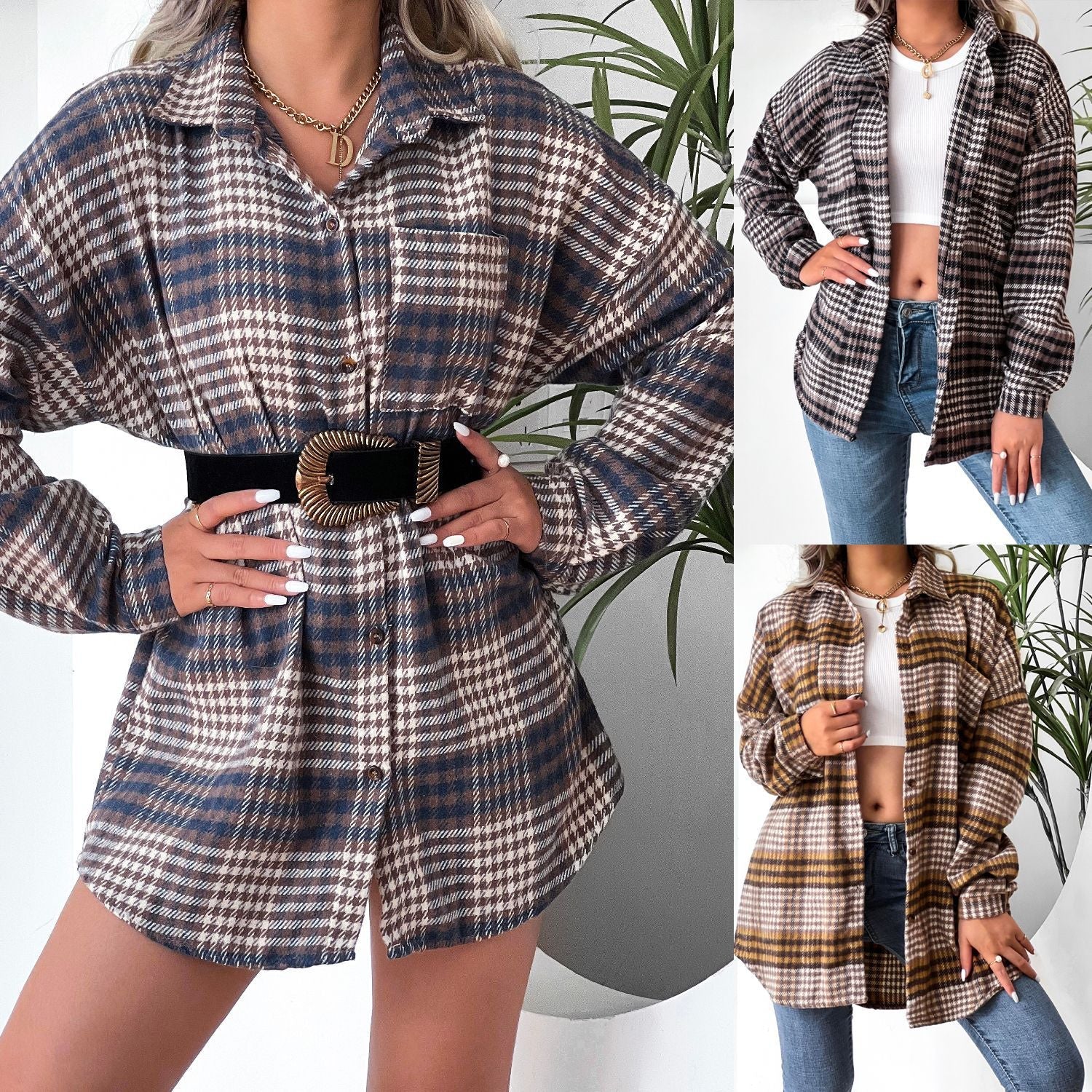 Women Clothing Plaid Shirt Collared Bat Sleeve Coat Dress