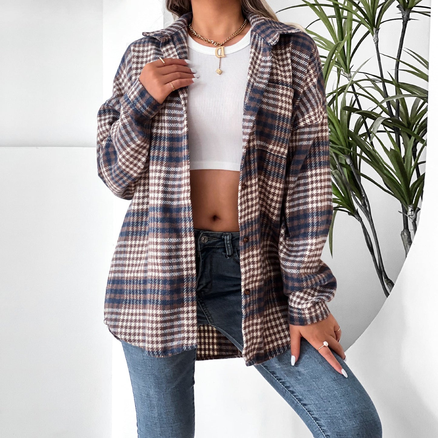 Women Clothing Plaid Shirt Collared Bat Sleeve Coat Dress