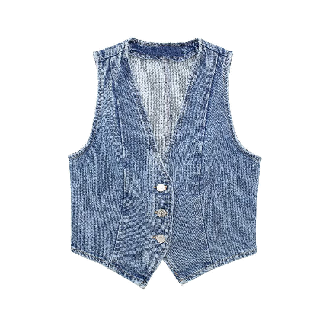 Women Clothing French Slim Fit Buttoned Short Denim Vest