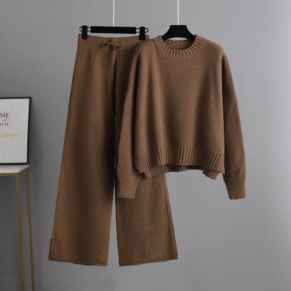 Autumn Winter Casual Knitting Work Pant Women Korean Loose Sweater Wide Leg Pants Pants Two Piece Set