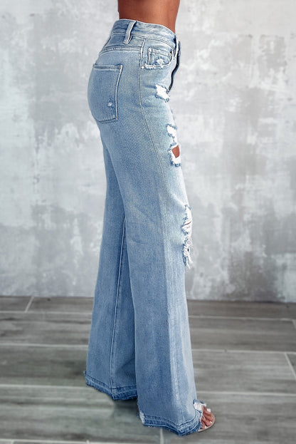 Sky Blue Vintage Distressed Ripped Wide Leg Jeans