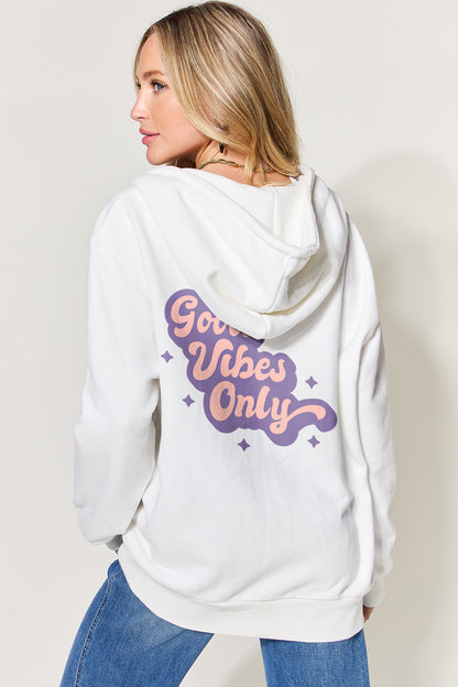 Simply Love Full Size GOOD VIBES ONLY Graphic Zip-Up Hoodie with Pockets