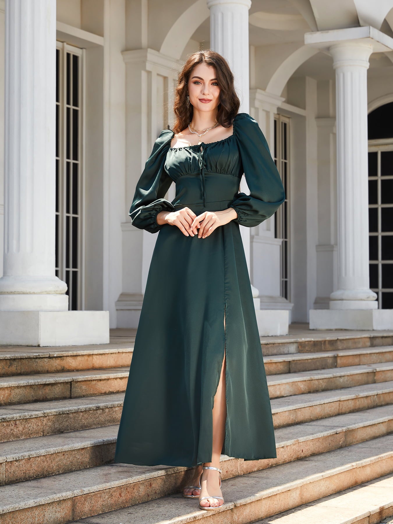 Square Neck Puff Sleeve High Slit Maxi Dress