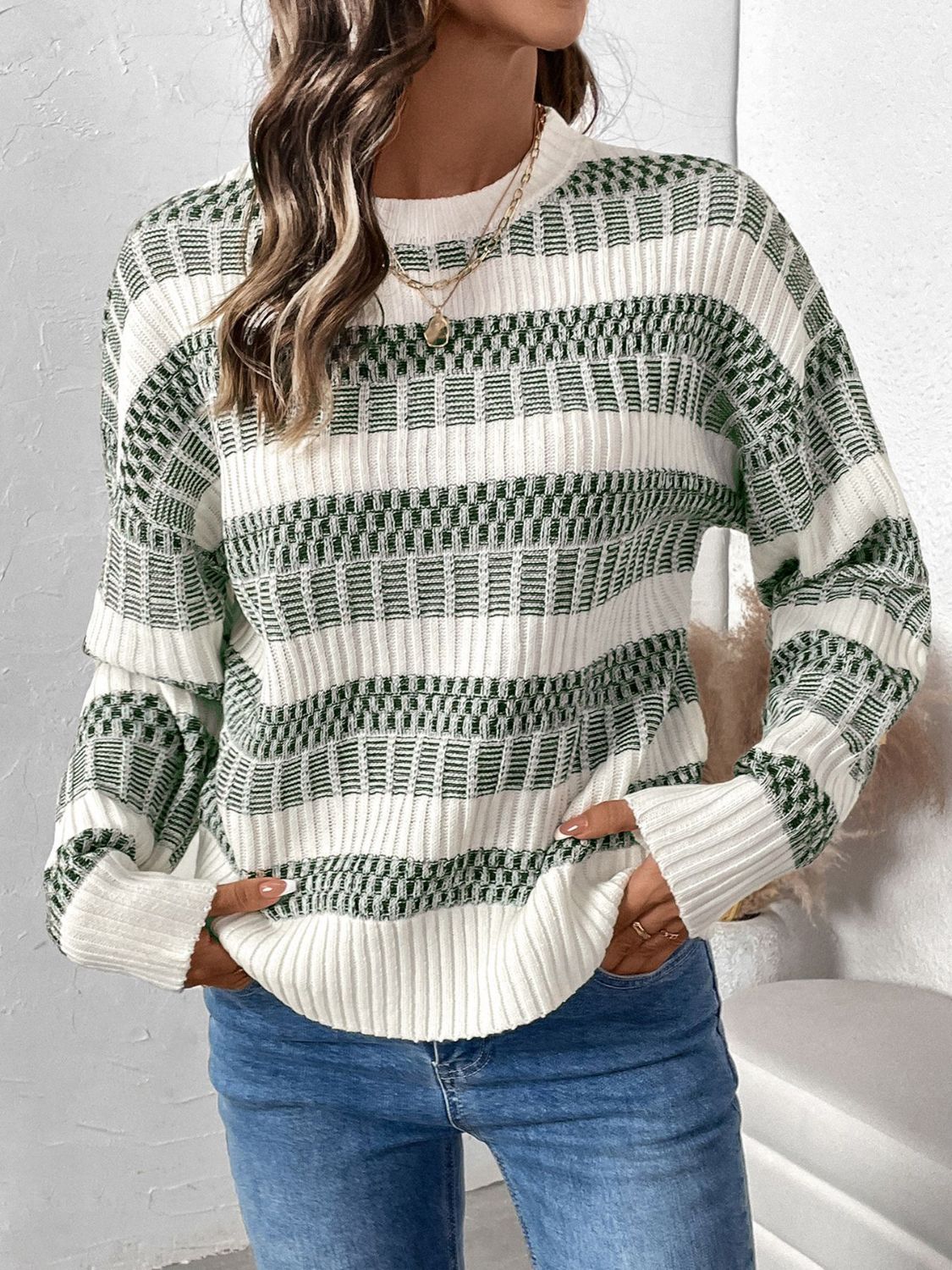 Perfee Contrast Round Neck Long Sleeve Sweater