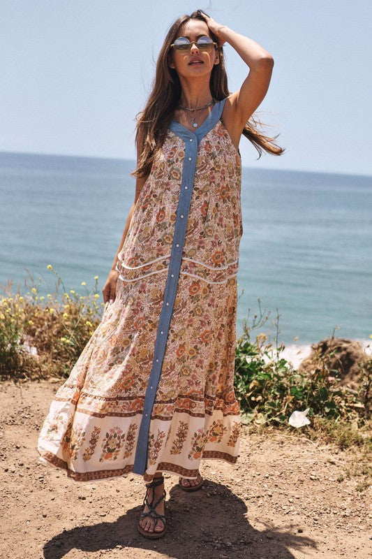 Floral Border Printed V-Neck Sleeveless Maxi Dress