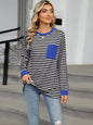 Pocketed Striped Round Neck Long Sleeve T-Shirt