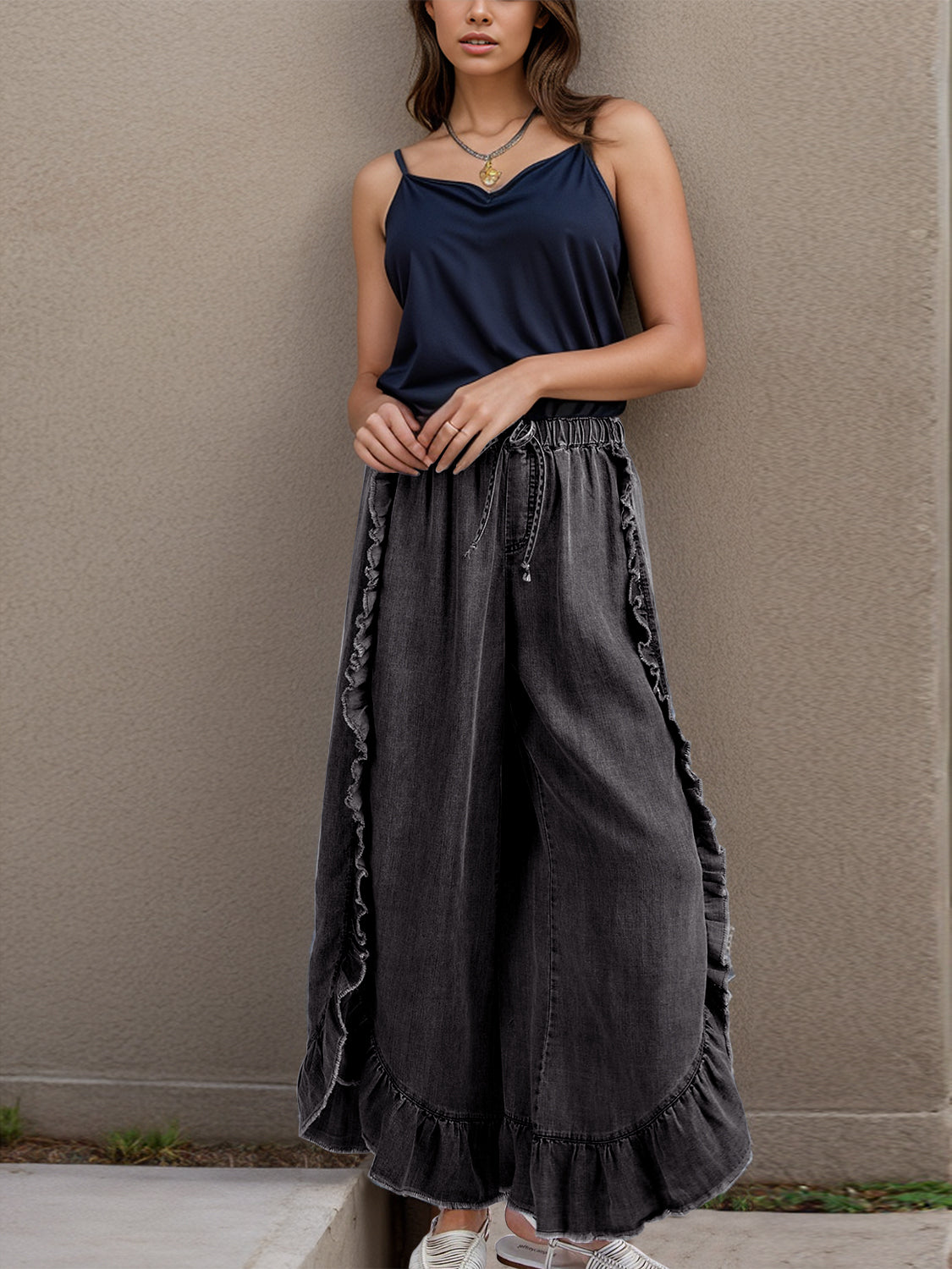 Drawstring Ruffled Wide Leg Jeans