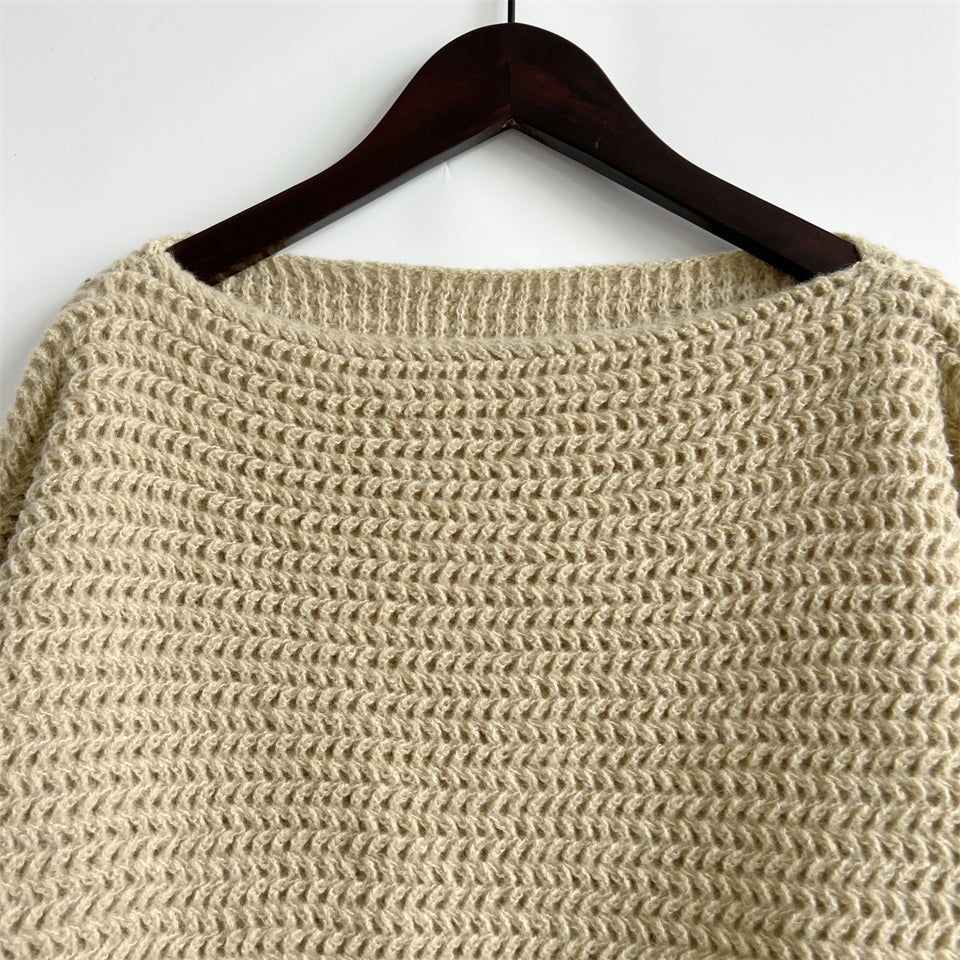 Openwork Boat Neck Long Sleeve Sweater