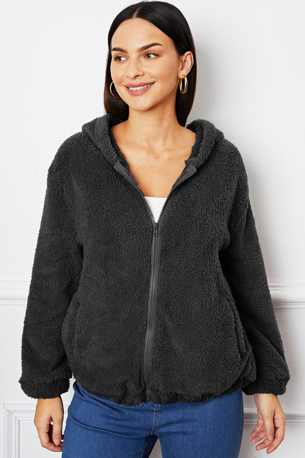 Zip Up Pocketed Hooded Outerwear