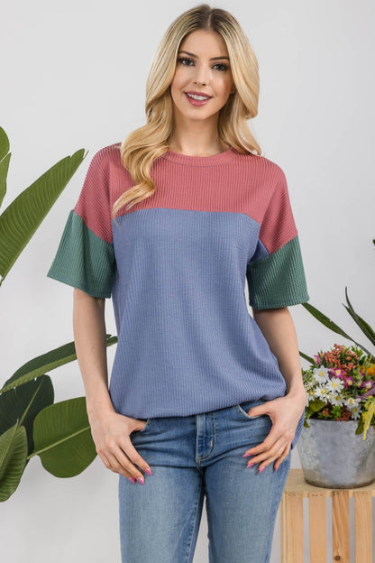 Celeste Full Size Ribbed Color Block T-Shirt