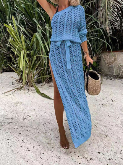 Slit Openwork Single Shoulder Knit Dress