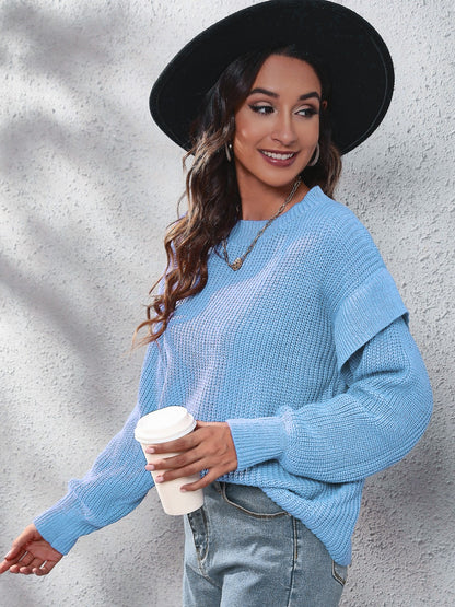 Ruffled Round Neck Dropped Shoulder Sweater