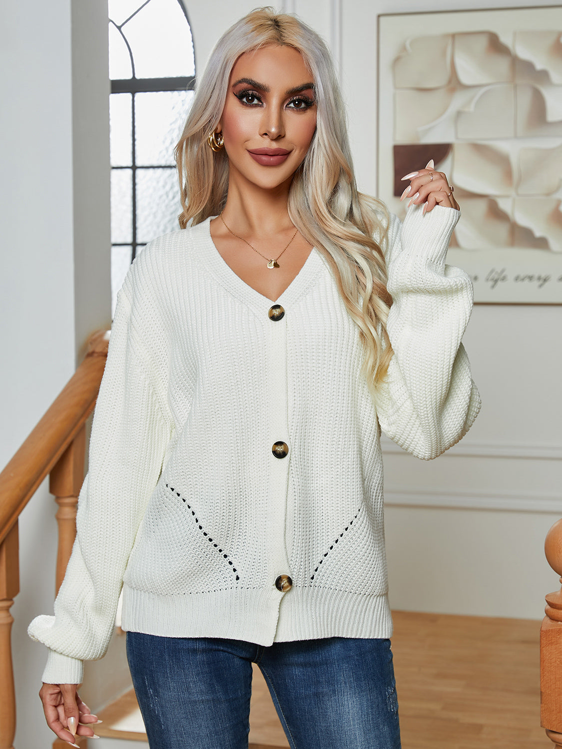 Button Up V-Neck Long Sleeve Cardigan