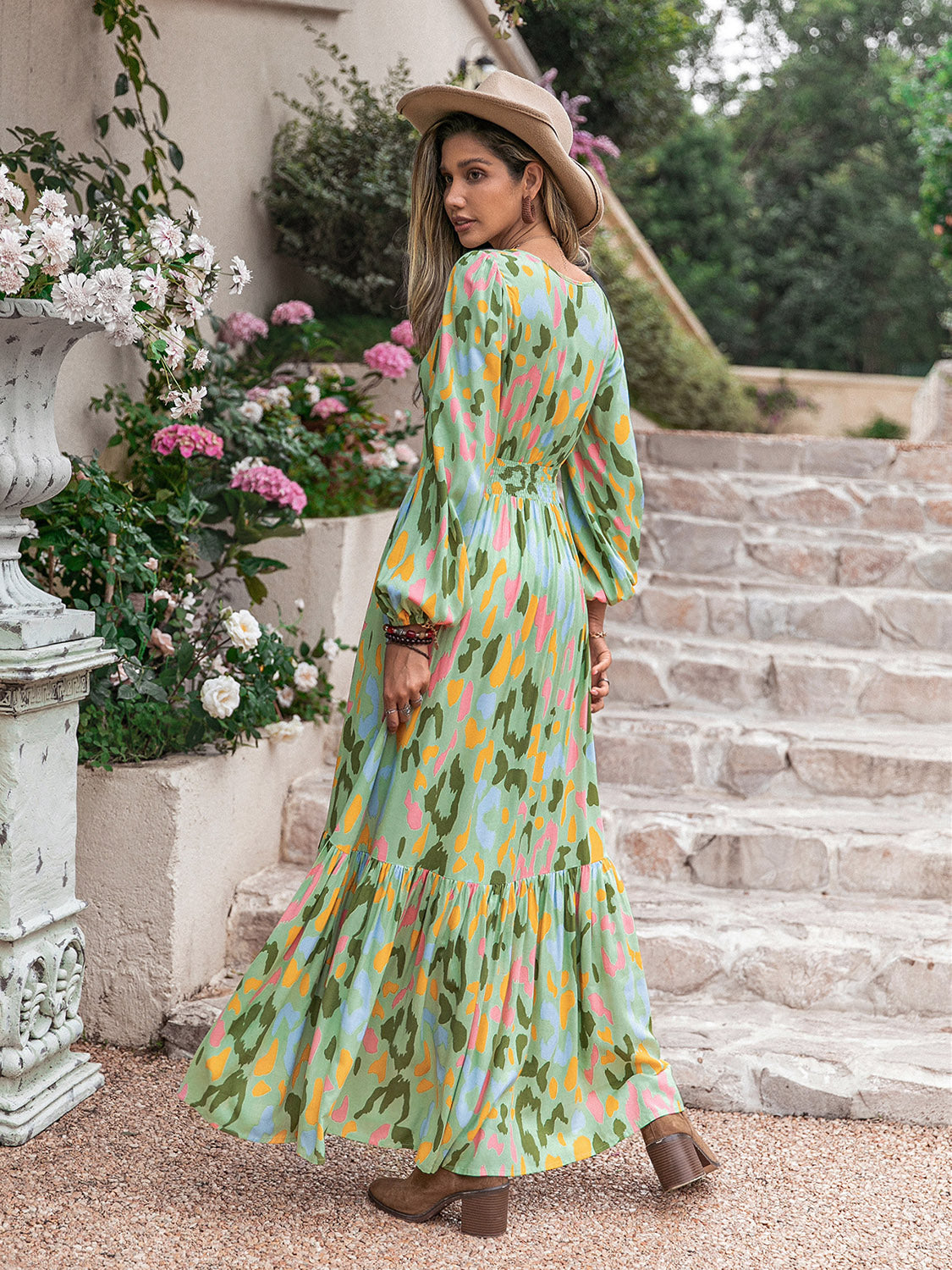 Printed Tie Neck Long Sleeve Maxi Dress