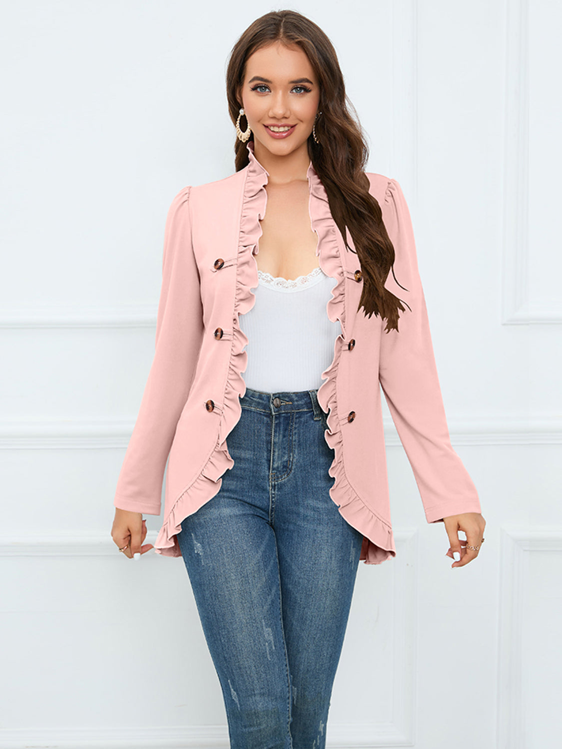 Ruffle Trim Long Sleeve Blazer